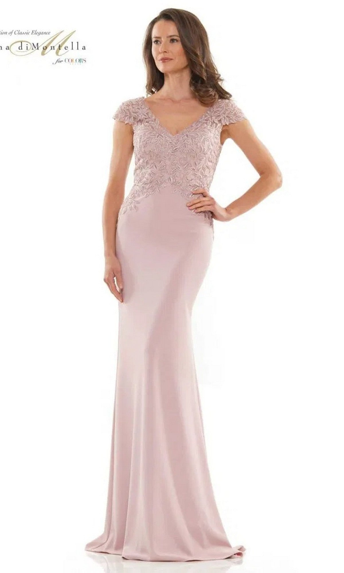 A woman poses against a plain white background wearing the Rina Di Montella RD2718 long formal dress in rose, featuring an embroidered bodice and cap sleeves.